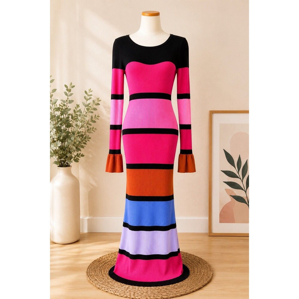 Rachel Parcell Pink Multi Size S Colorblock Knit Ribbed Maxi Dress Flounce Slit